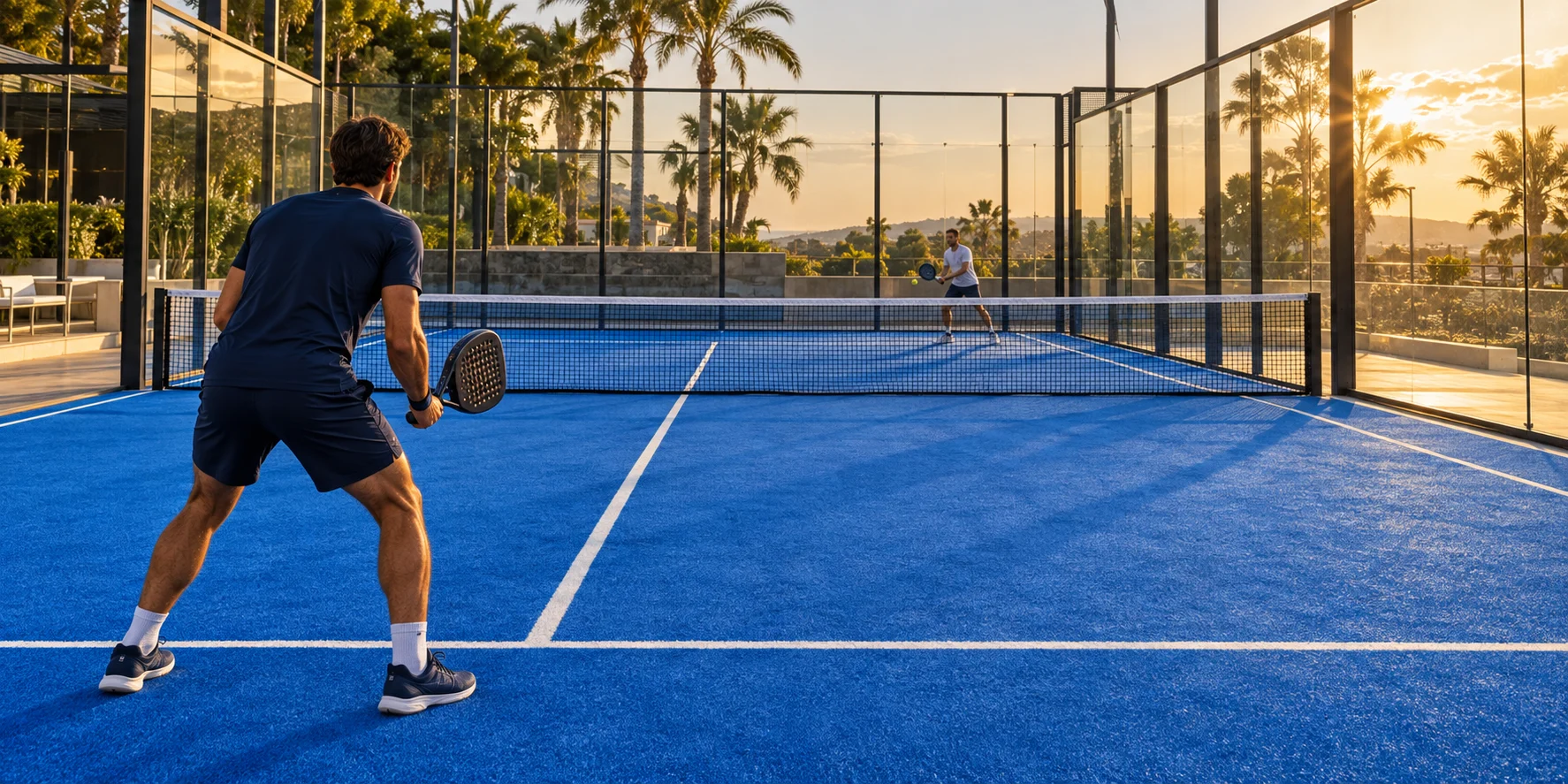 Joueurs de padel sur un terrain vitré au coucher du soleil